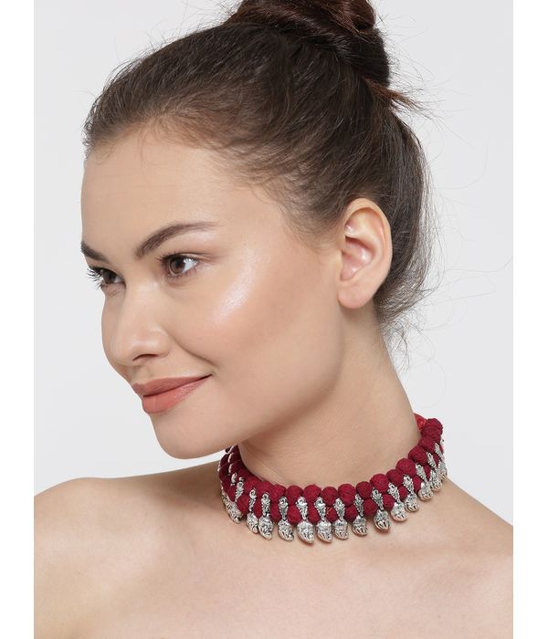 YouBella Oxidised Silver-Toned  Maroon Textured Necklace